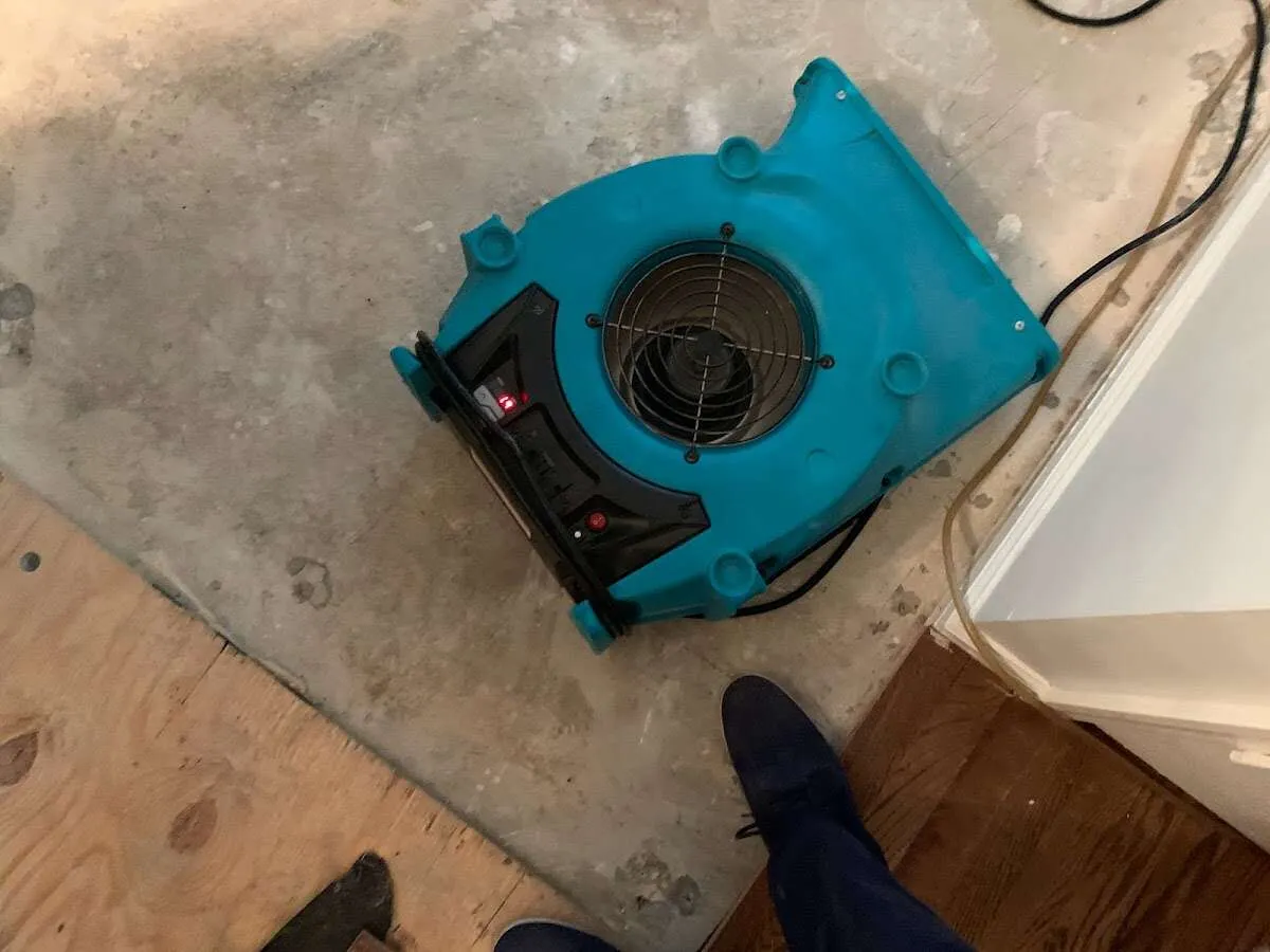 Air mover drying subfloor during Commercial Water Damage Restoration in Port Angeles